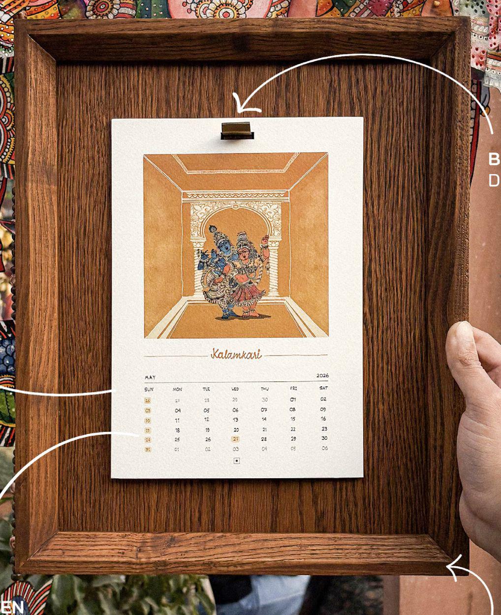Chitra Katha Calendar Oak Wood (0% VOC Natural Oil Polish), PVD Coated Brass, 260 GSM Textured Recycled Paper